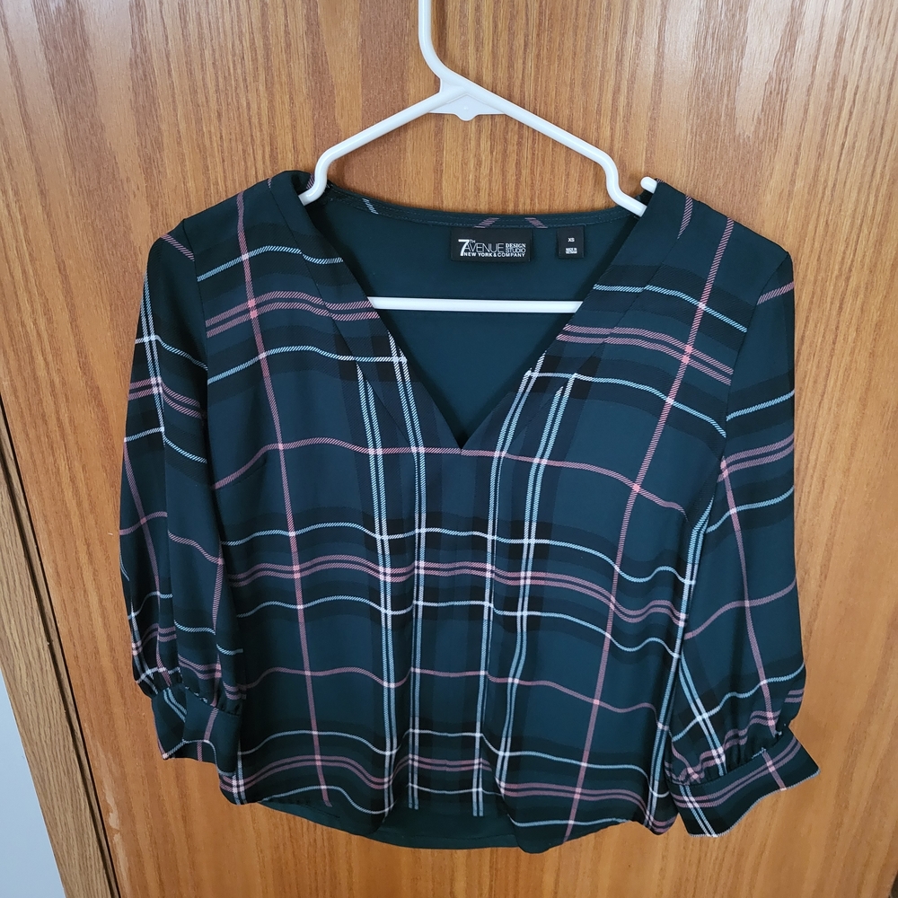 New York & Company Women's Plaid Blouse - Dark Green and Pink